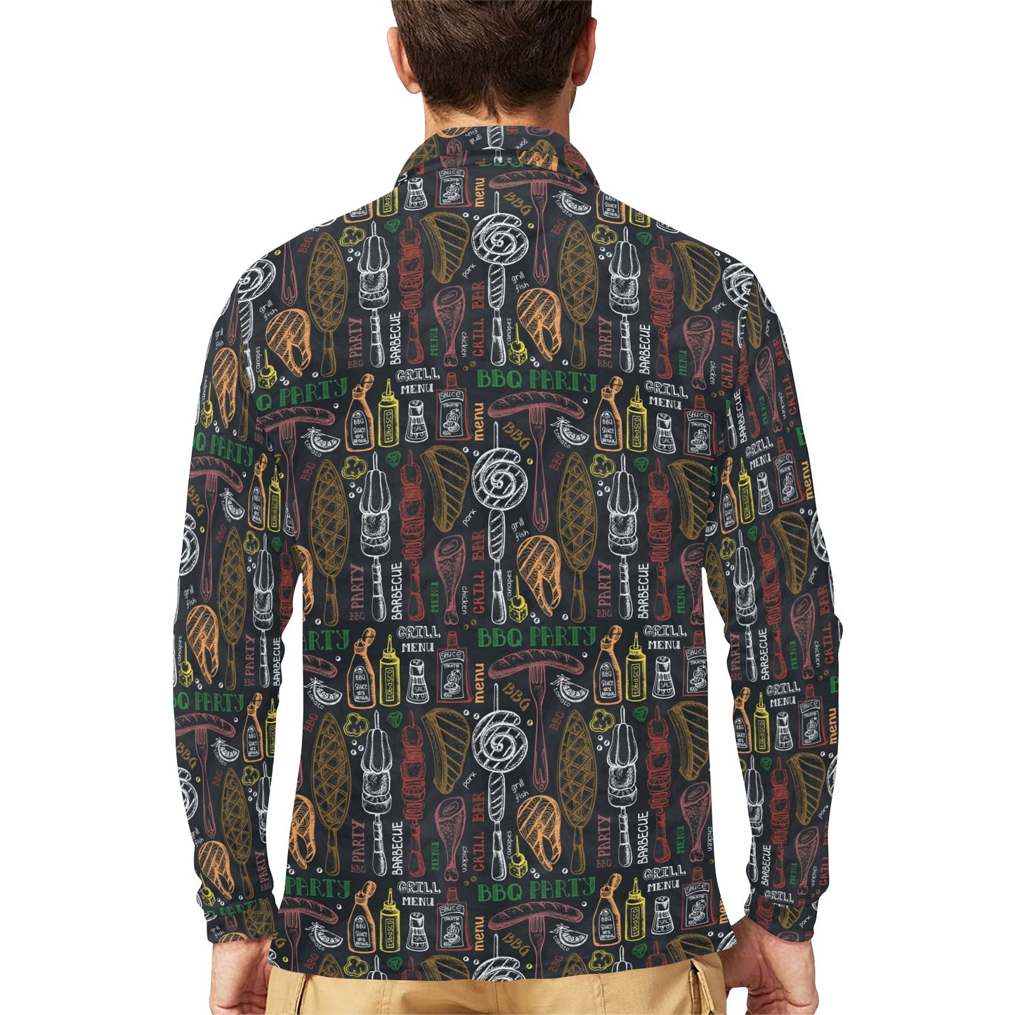 Barbecue Pattern Print Design 03 Long Sleeve Polo Shirt For Men's