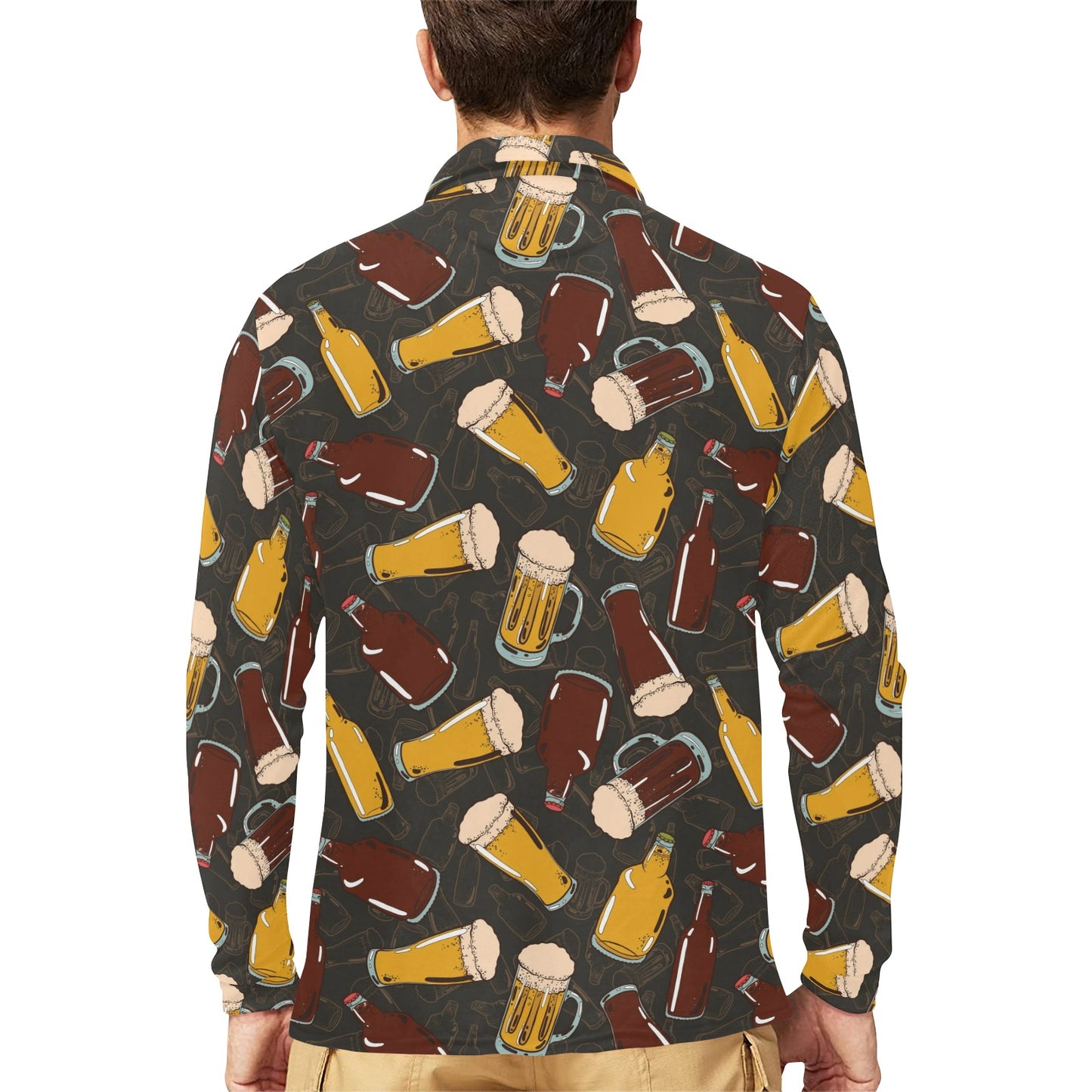 Beer Pattern Print Design 03 Long Sleeve Polo Shirt For Men's