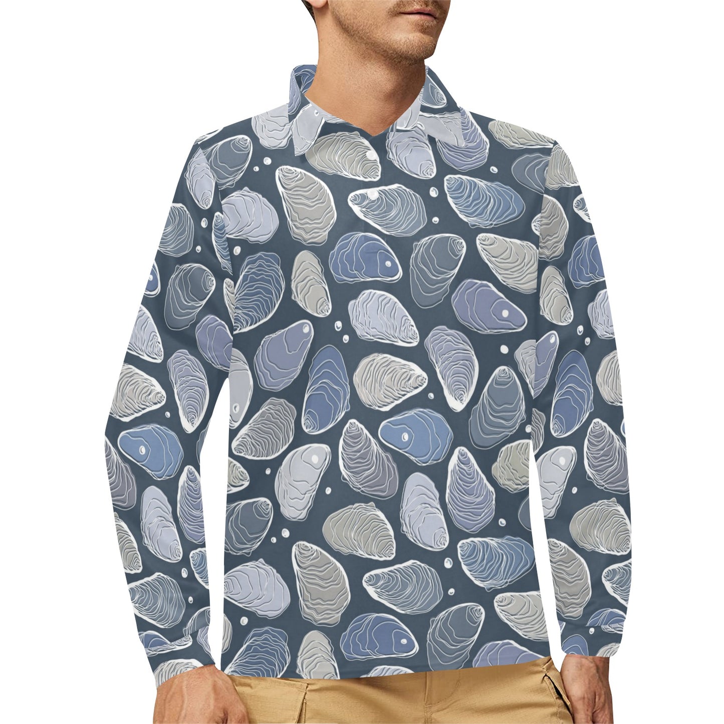 Oyster Pattern Print Design 02 Long Sleeve Polo Shirt For Men's
