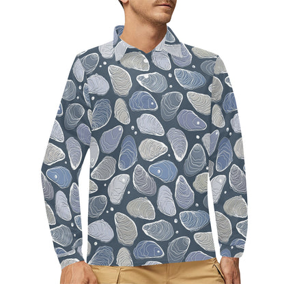 Oyster Pattern Print Design 02 Long Sleeve Polo Shirt For Men's