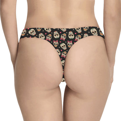 Sugar Skull Pink Bow Themed Print Women's Thongs