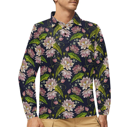lotus Embroidered Pattern Print Design LO06 Long Sleeve Polo Shirt For Men's