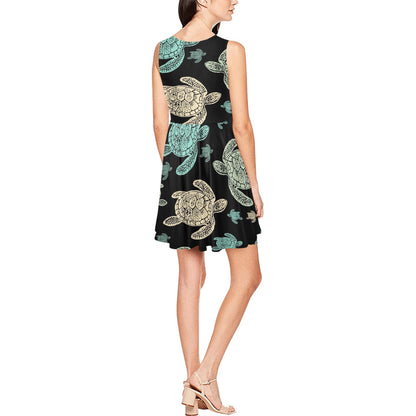 Sea Turtle Stamp Pattern Sleeveless Dress