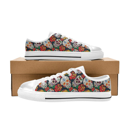Sugar Skull Print Design LKS306 Women's White Low Top Shoes