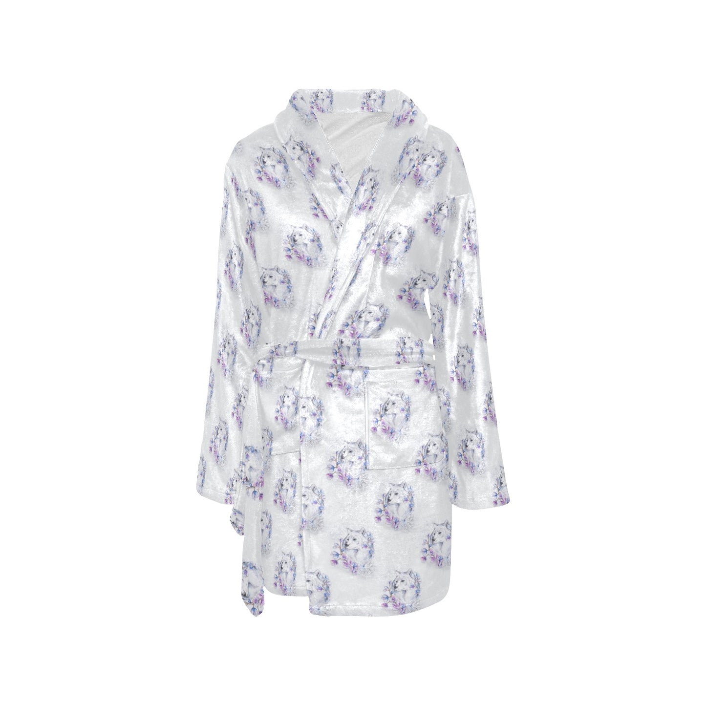 Wolf with Flower Print Design Women's Fleece Robe