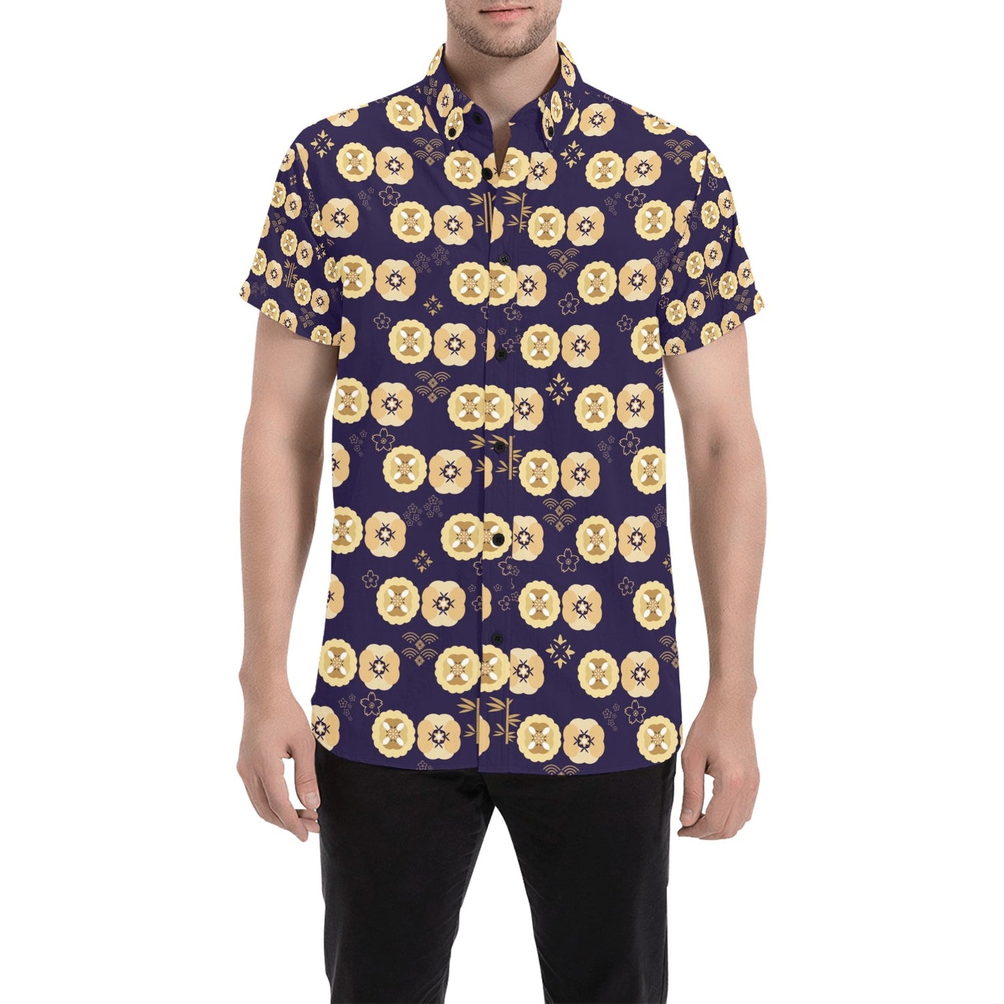 Sakura Print Design LKS303 Men Short Sleeve Button Up Shirt