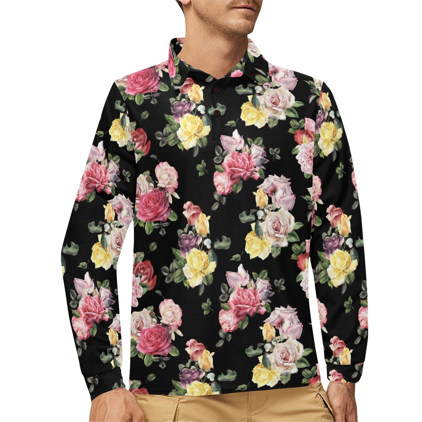 Rose Pattern Print Design RO010 Long Sleeve Polo Shirt For Men's