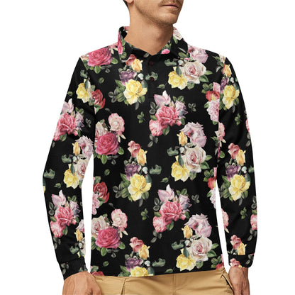 Rose Pattern Print Design RO010 Long Sleeve Polo Shirt For Men's