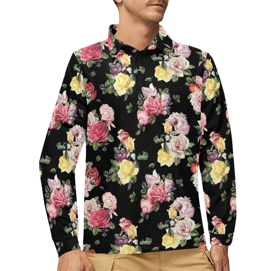Rose Pattern Print Design RO010 Long Sleeve Polo Shirt For Men's