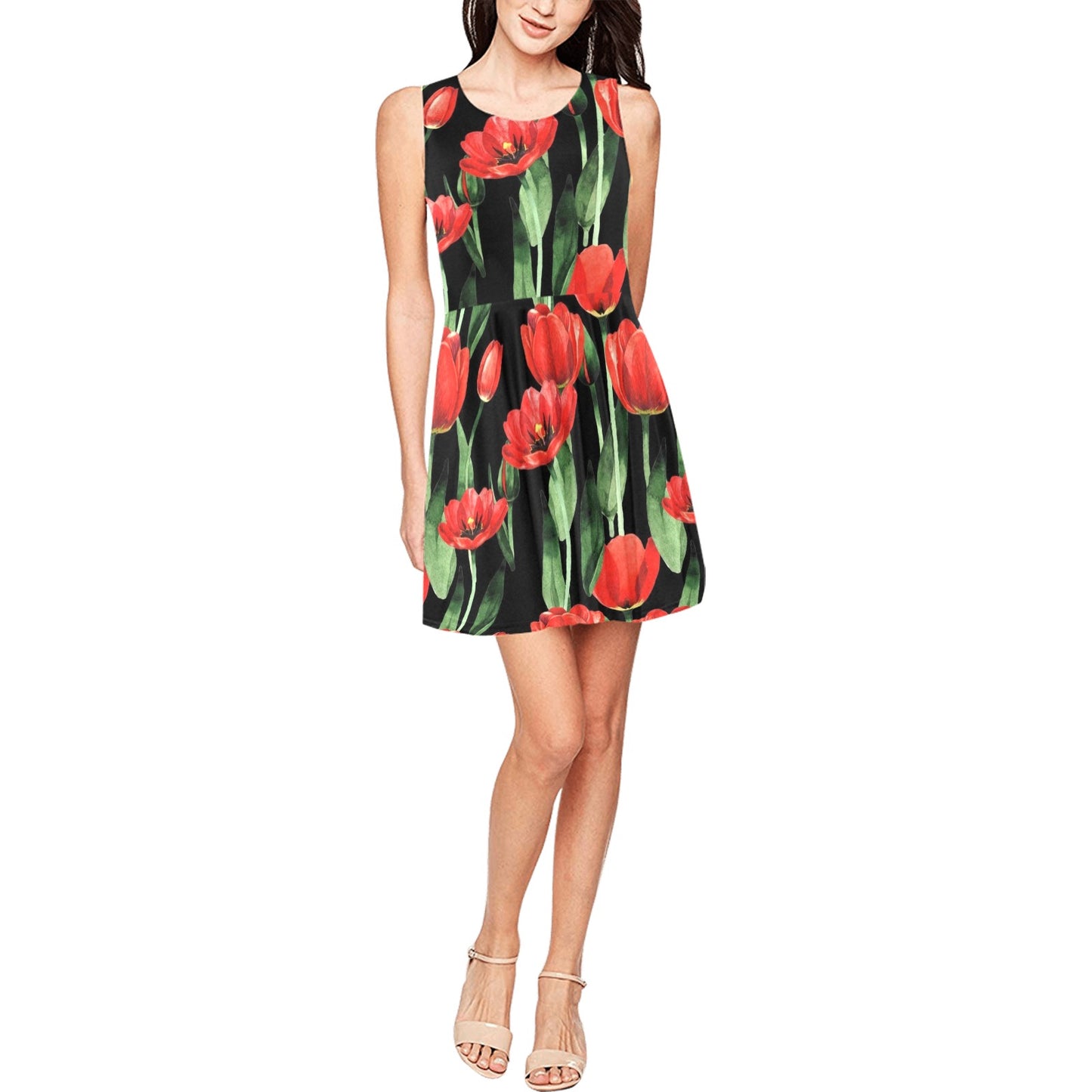 Tulip Red Pattern Print Design TP03 Sleeveless Dress