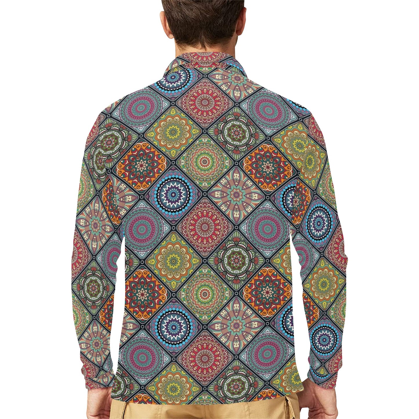 Bohemian Pattern Print Design 05 Long Sleeve Polo Shirt For Men's
