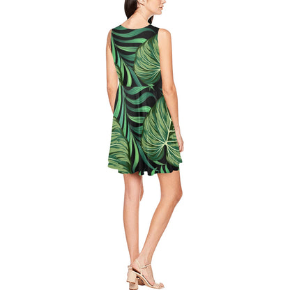 Green Fresh Tropical Palm Leaves Sleeveless Dress