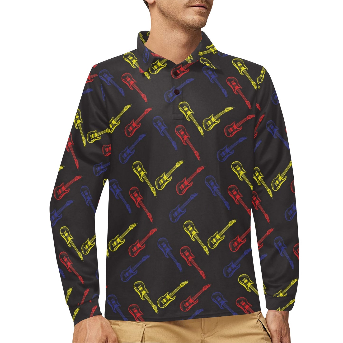 Electric Guitar Pattern Print Design 03 Long Sleeve Polo Shirt For Men's