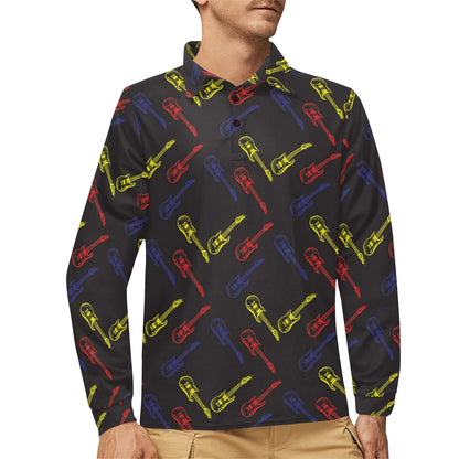 Electric Guitar Pattern Print Design 03 Long Sleeve Polo Shirt For Men's
