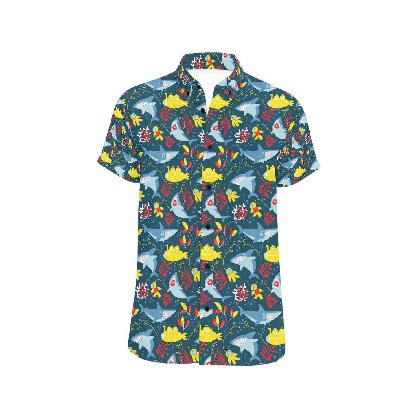 Scuba With Sharks Print Design LKS303 Men Short Sleeve Button Up Shirt