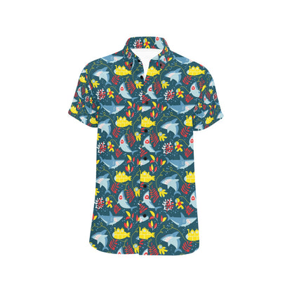 Scuba With Sharks Print Design LKS303 Men Short Sleeve Button Up Shirt
