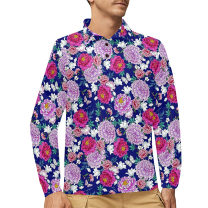 Dahlia Pattern Print Design DH013 Long Sleeve Polo Shirt For Men's
