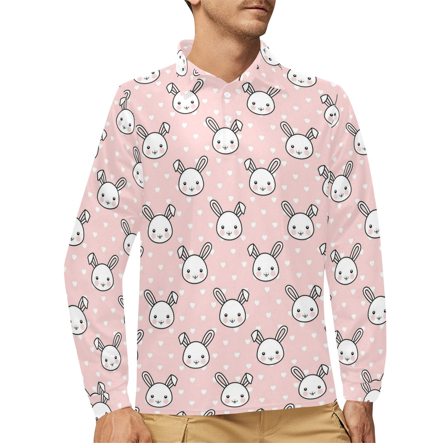 Rabbit Pattern Print Design RB02 Long Sleeve Polo Shirt For Men's
