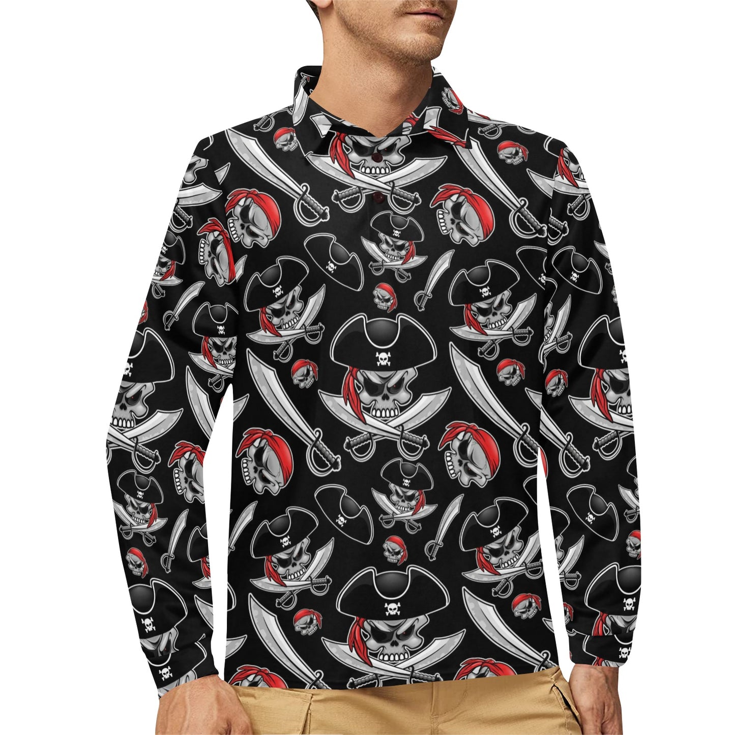 Pirate Pattern Print Design A05 Long Sleeve Polo Shirt For Men's