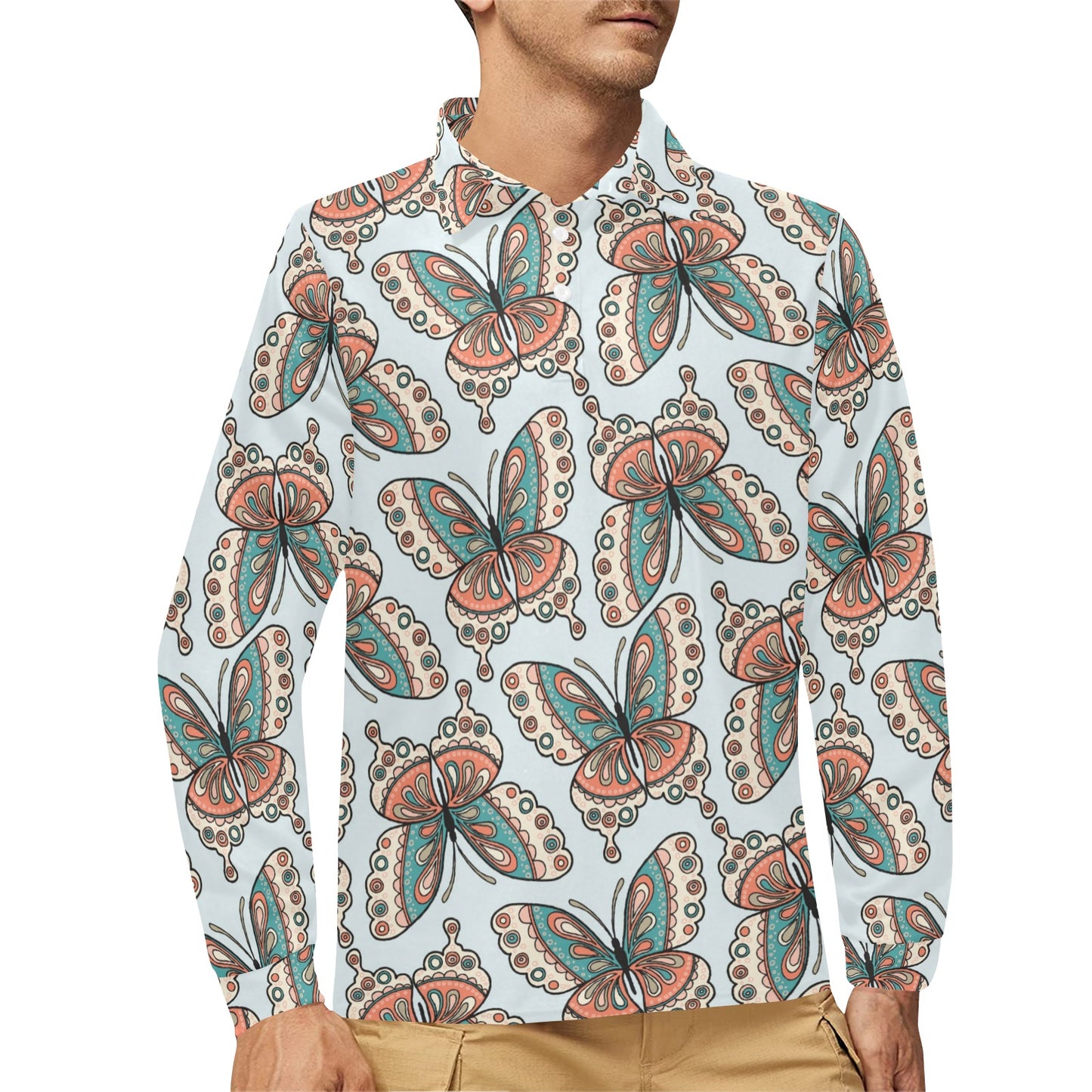 Butterfly Pattern Long Sleeve Polo Shirt For Men's