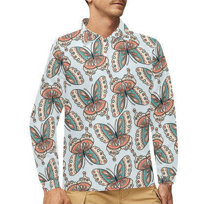 Butterfly Pattern Long Sleeve Polo Shirt For Men's