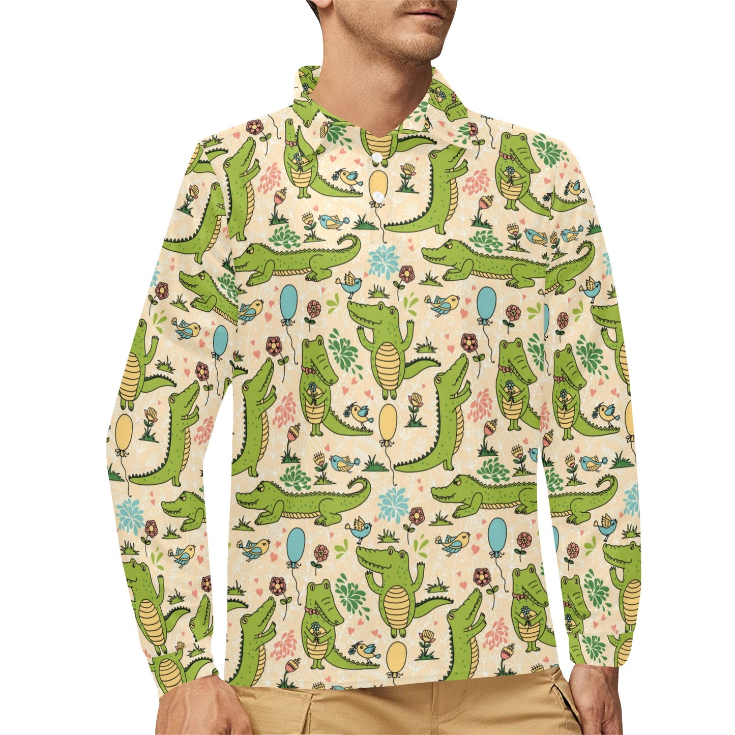 Alligator Pattern Print Design 01 Long Sleeve Polo Shirt For Men's