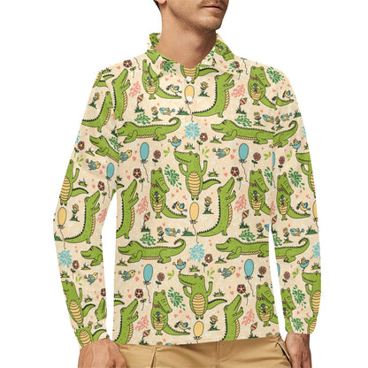 Alligator Pattern Print Design 01 Long Sleeve Polo Shirt For Men's