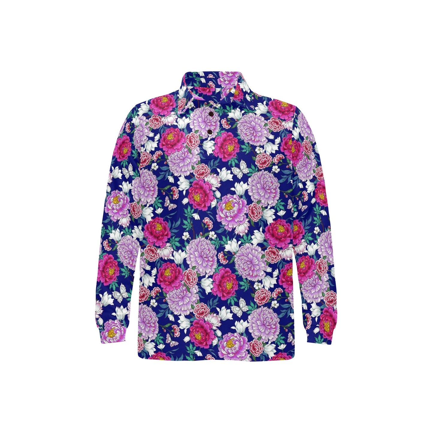 Dahlia Pattern Print Design DH013 Long Sleeve Polo Shirt For Men's