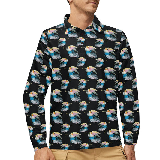 Angel with Wings Beautiful Design Print Long Sleeve Polo Shirt For Men's