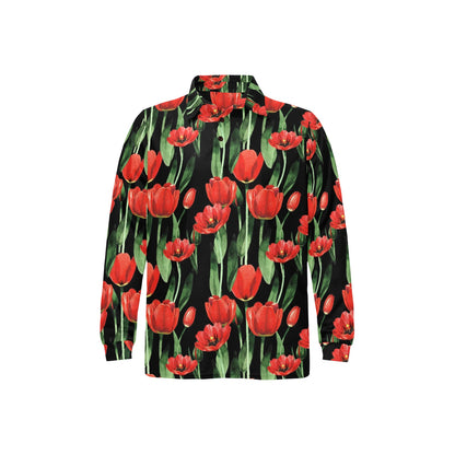Tulip Red Pattern Print Design TP03 Long Sleeve Polo Shirt For Men's