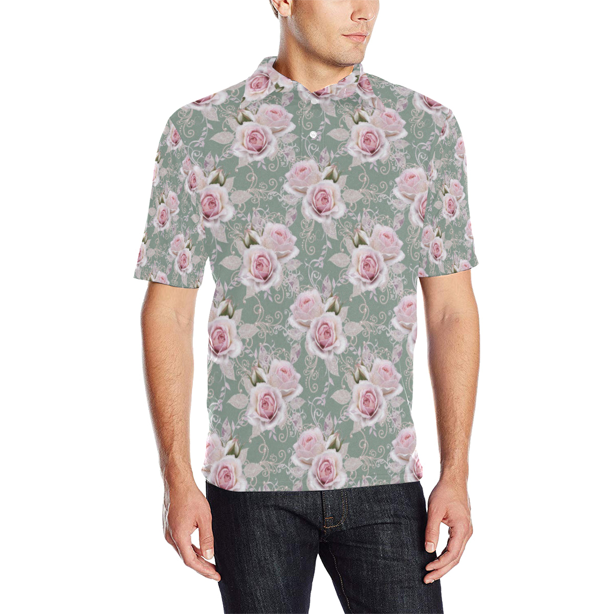 Rose White Pattern Print Design RO012 Men Polo Shirt