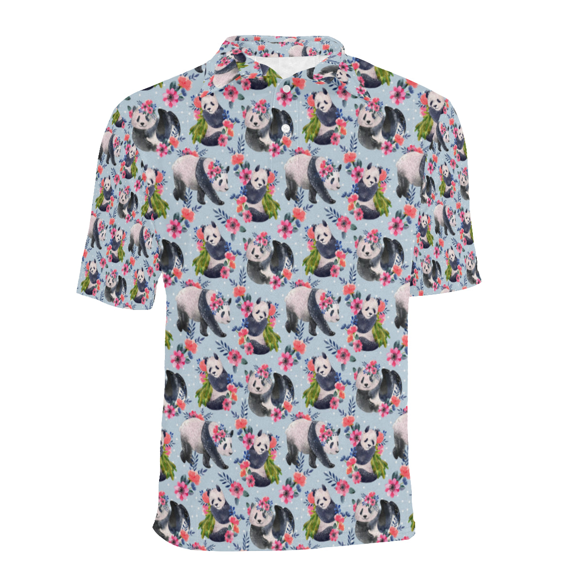 Panda Bear Flower Design Themed Print Men Polo Shirt