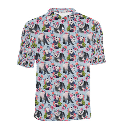 Panda Bear Flower Design Themed Print Men Polo Shirt