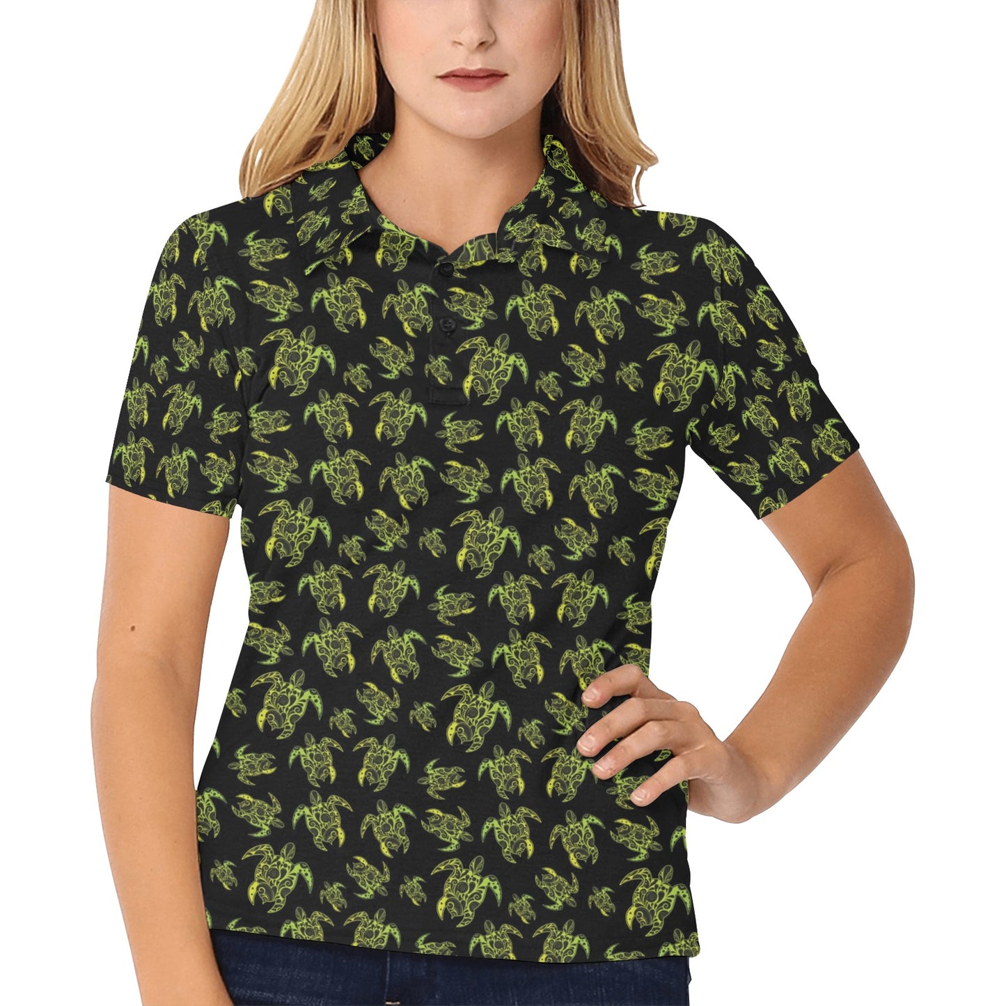 Green Tribal Turtle Polynesian Themed Women's Polo Shirt