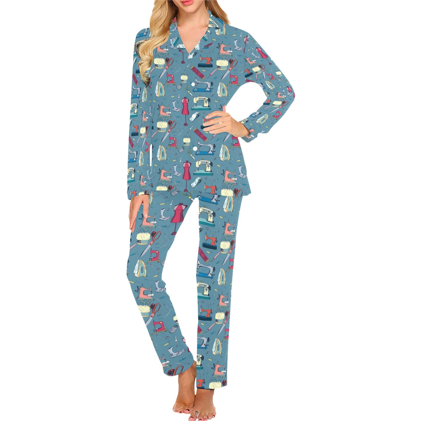 Sewing Equipment Print Design LKS301 Women's Long Pajama Set