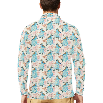 Bluebird Pattern Print Design 03 Long Sleeve Polo Shirt For Men's