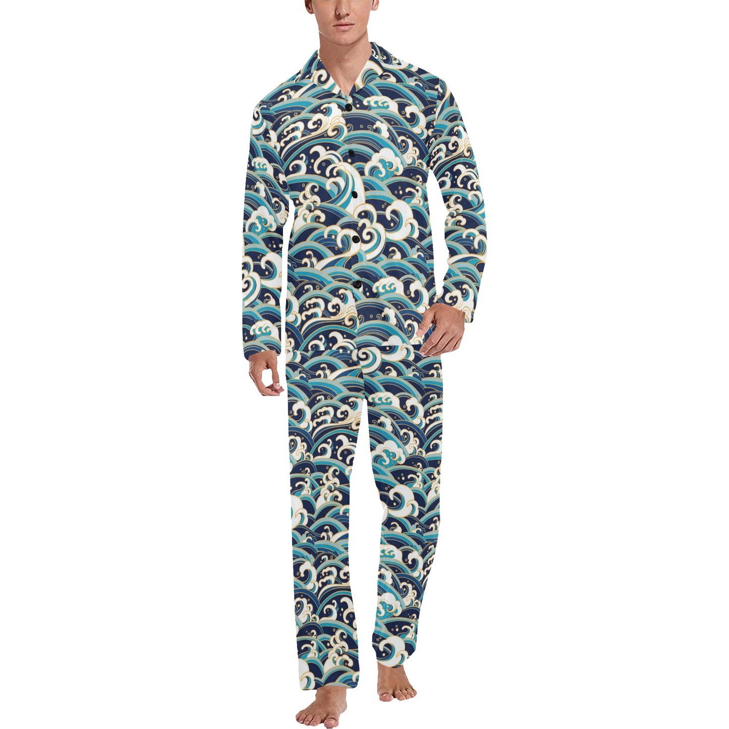Surf Wave Pattern Men's Long Pajama Set