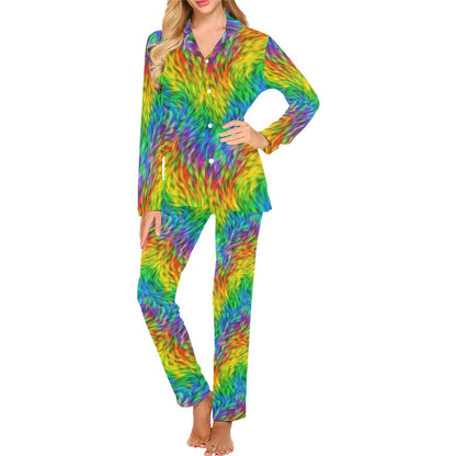 Rainbow Fur Design Print Women's Long Pajama Set