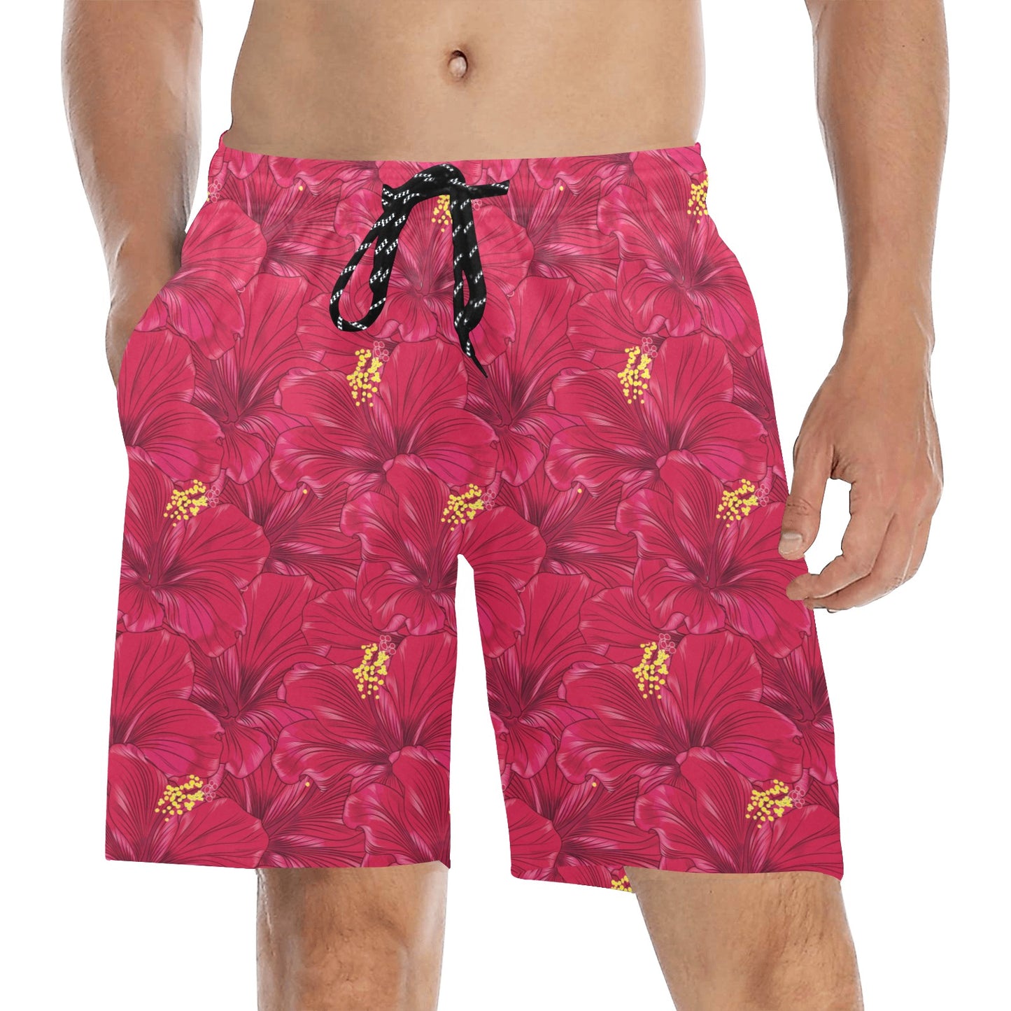 Hibiscus Red Pattern Print LKS308 Men's Swim Trunks Beach Shorts