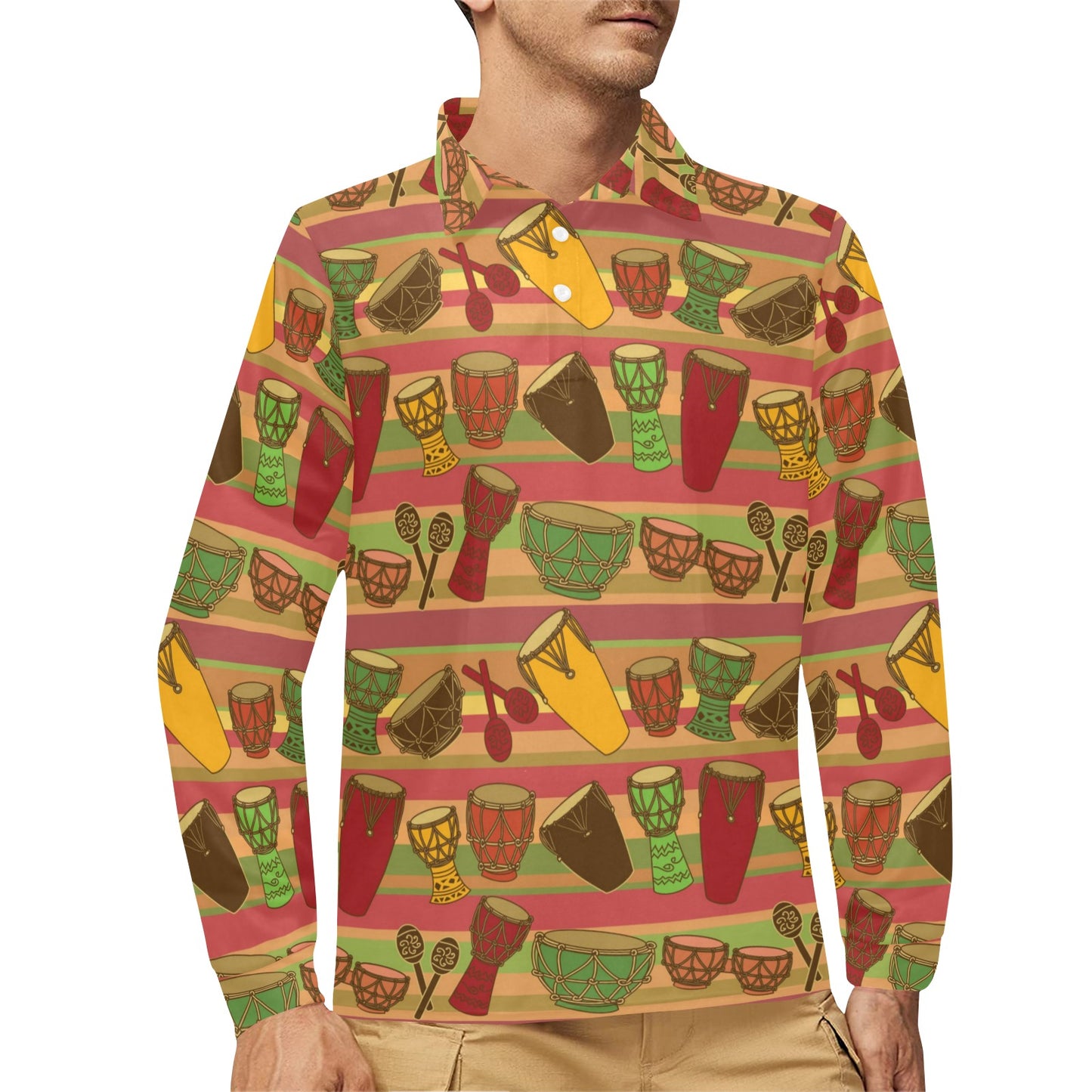Percussion Pattern Print Design 01 Long Sleeve Polo Shirt For Men's