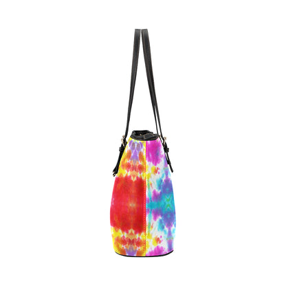 Tie Dye Rainbow Themed Print Leather Tote Bag