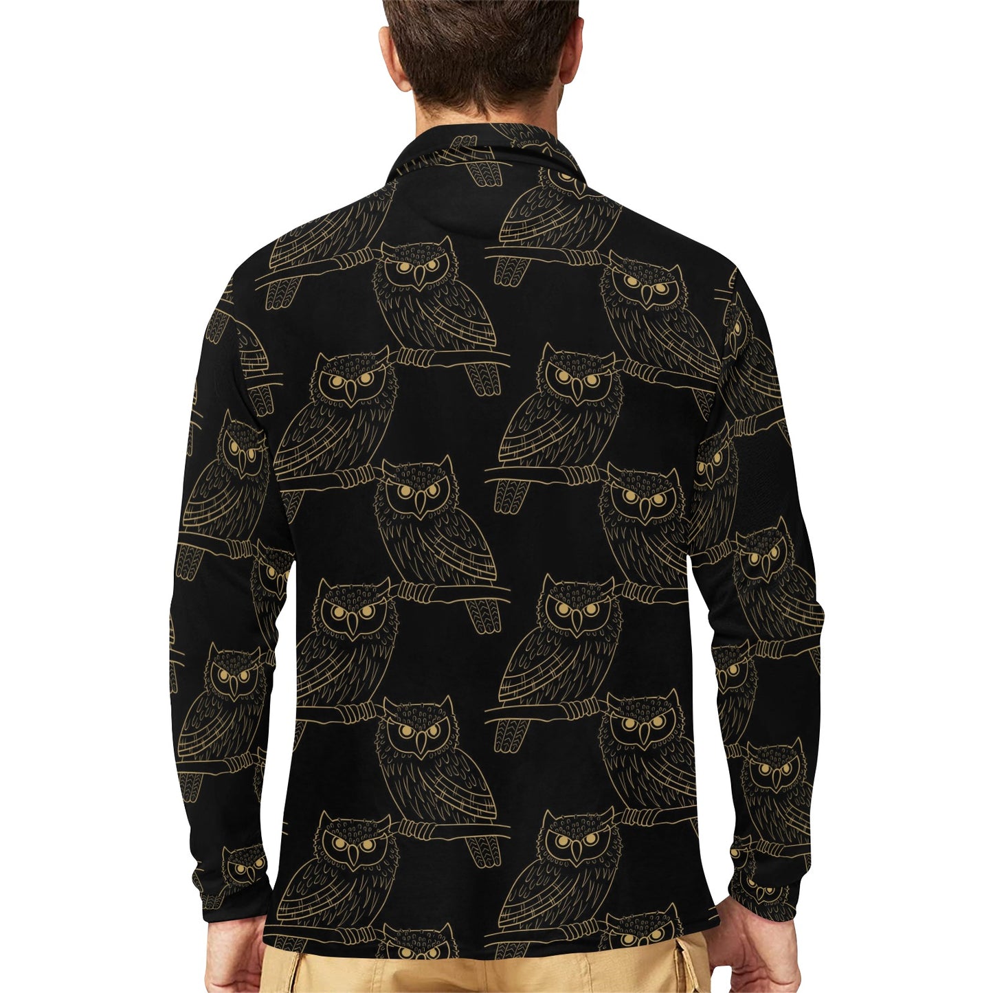 Gold Owl Pattern Long Sleeve Polo Shirt For Men's