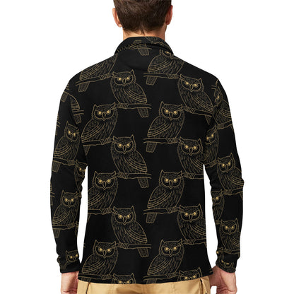 Gold Owl Pattern Long Sleeve Polo Shirt For Men's
