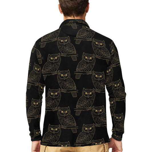 Gold Owl Pattern Long Sleeve Polo Shirt For Men's