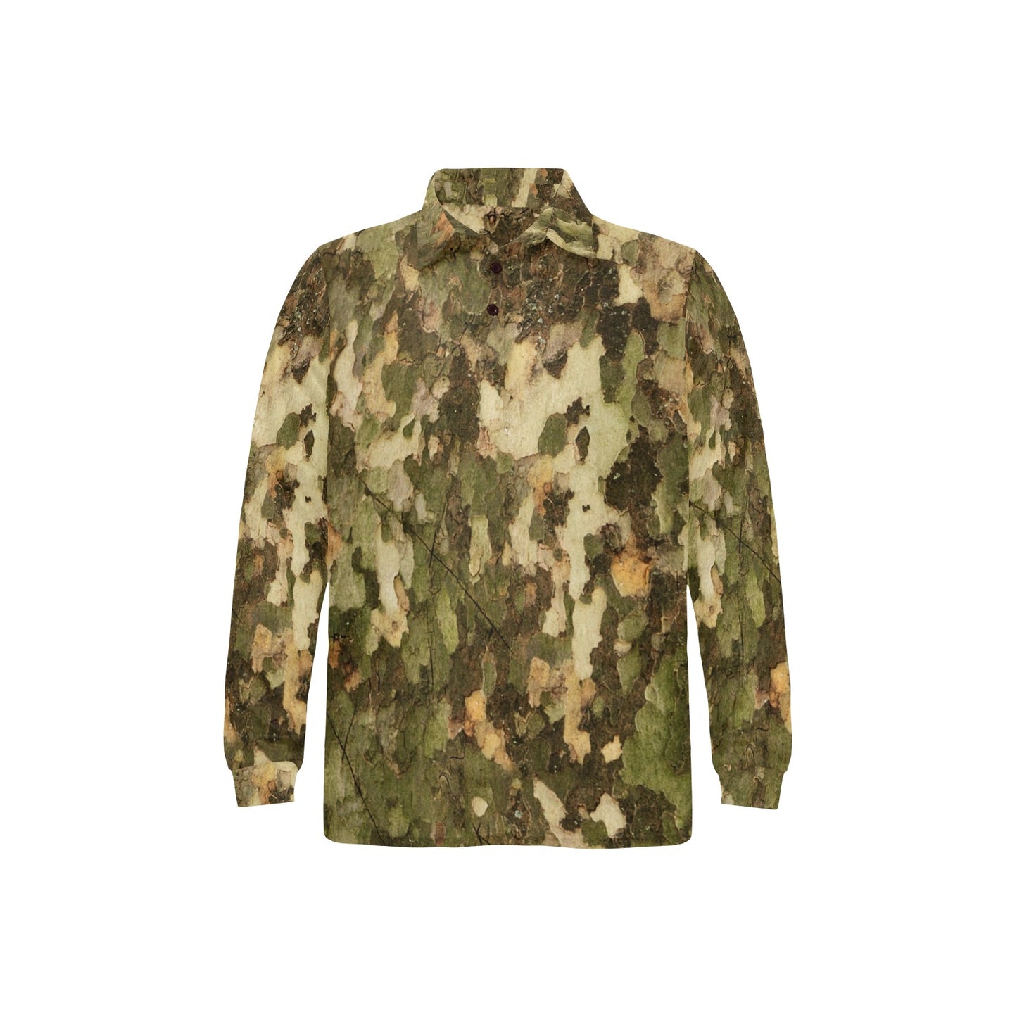 Camo Realistic Tree Texture Print Long Sleeve Polo Shirt For Men's