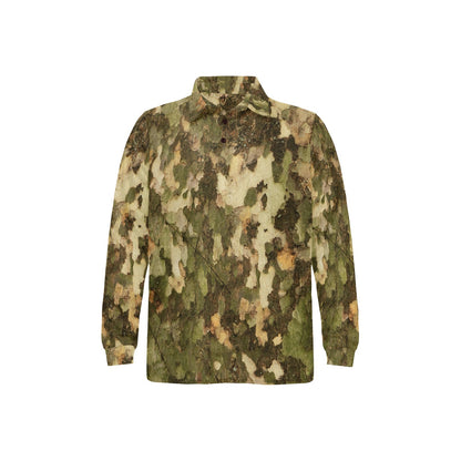 Camo Realistic Tree Texture Print Long Sleeve Polo Shirt For Men's