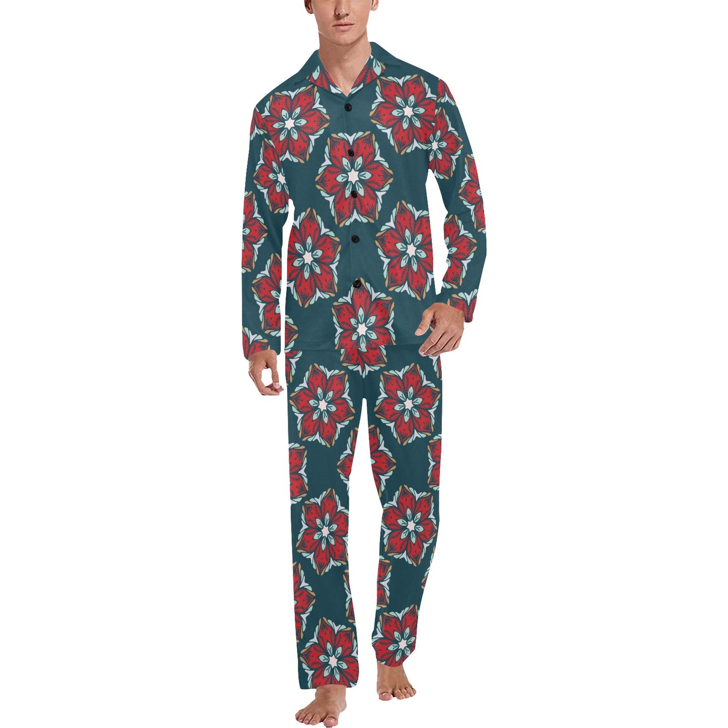 Poinsettia Pattern Print Design A03 Men's Long Pajama Set