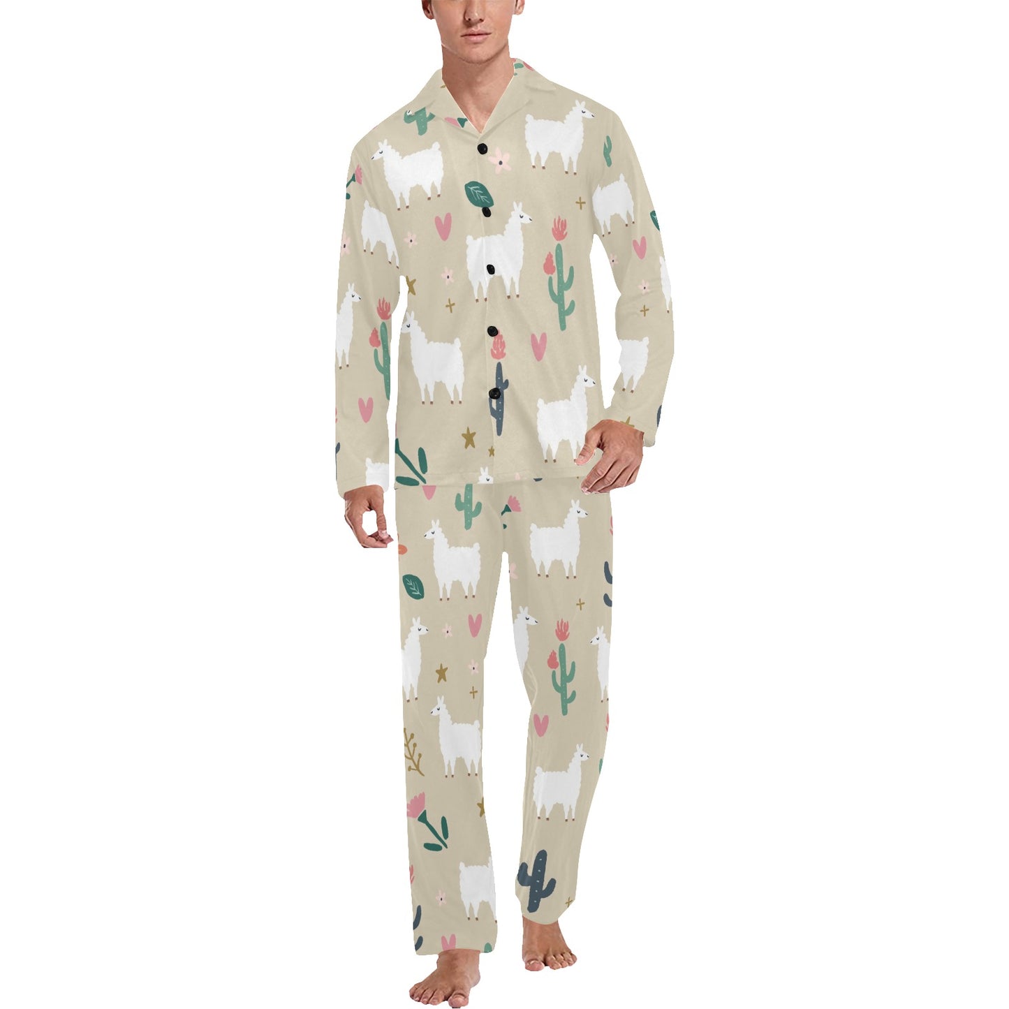 Llama Cactus Pattern Print Design 09 Men's Long Pajama Set