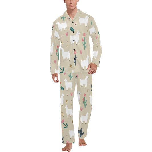 Llama Cactus Pattern Print Design 09 Men's Long Pajama Set