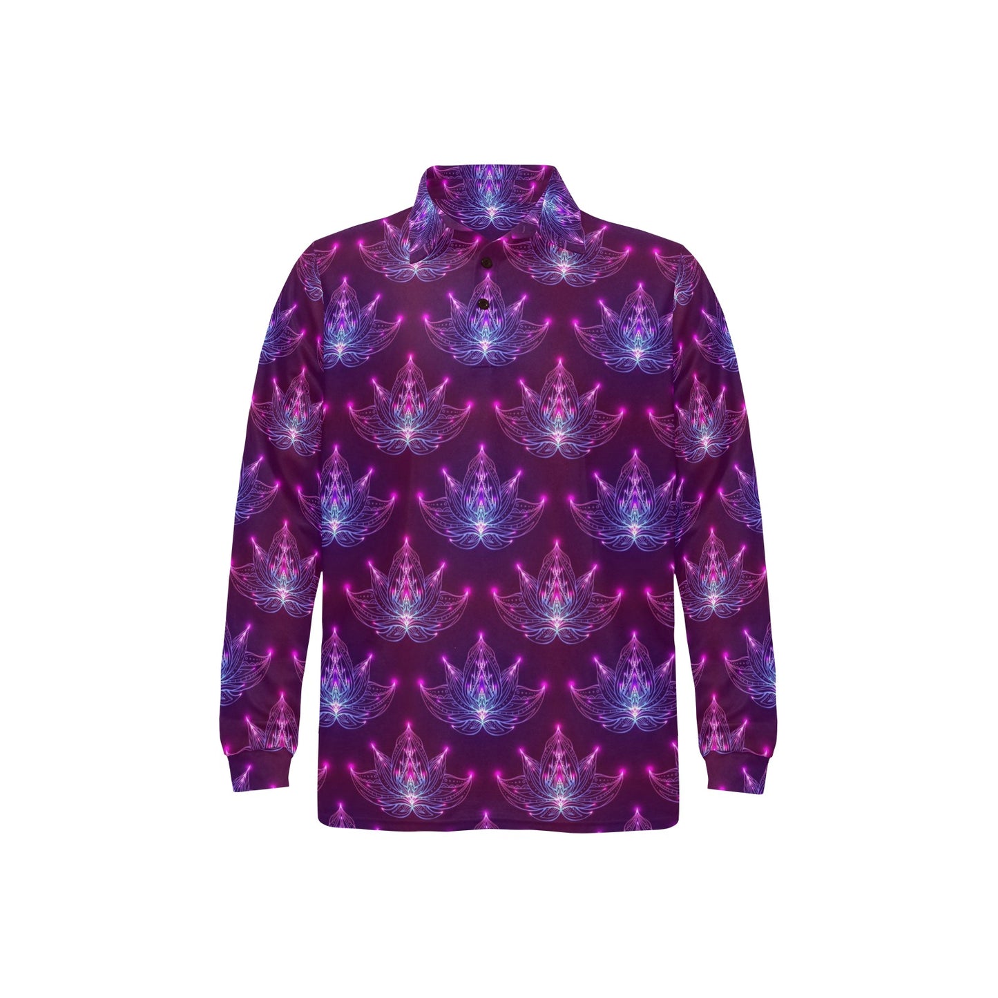 lotus Pattern Print Design LO01 Long Sleeve Polo Shirt For Men's
